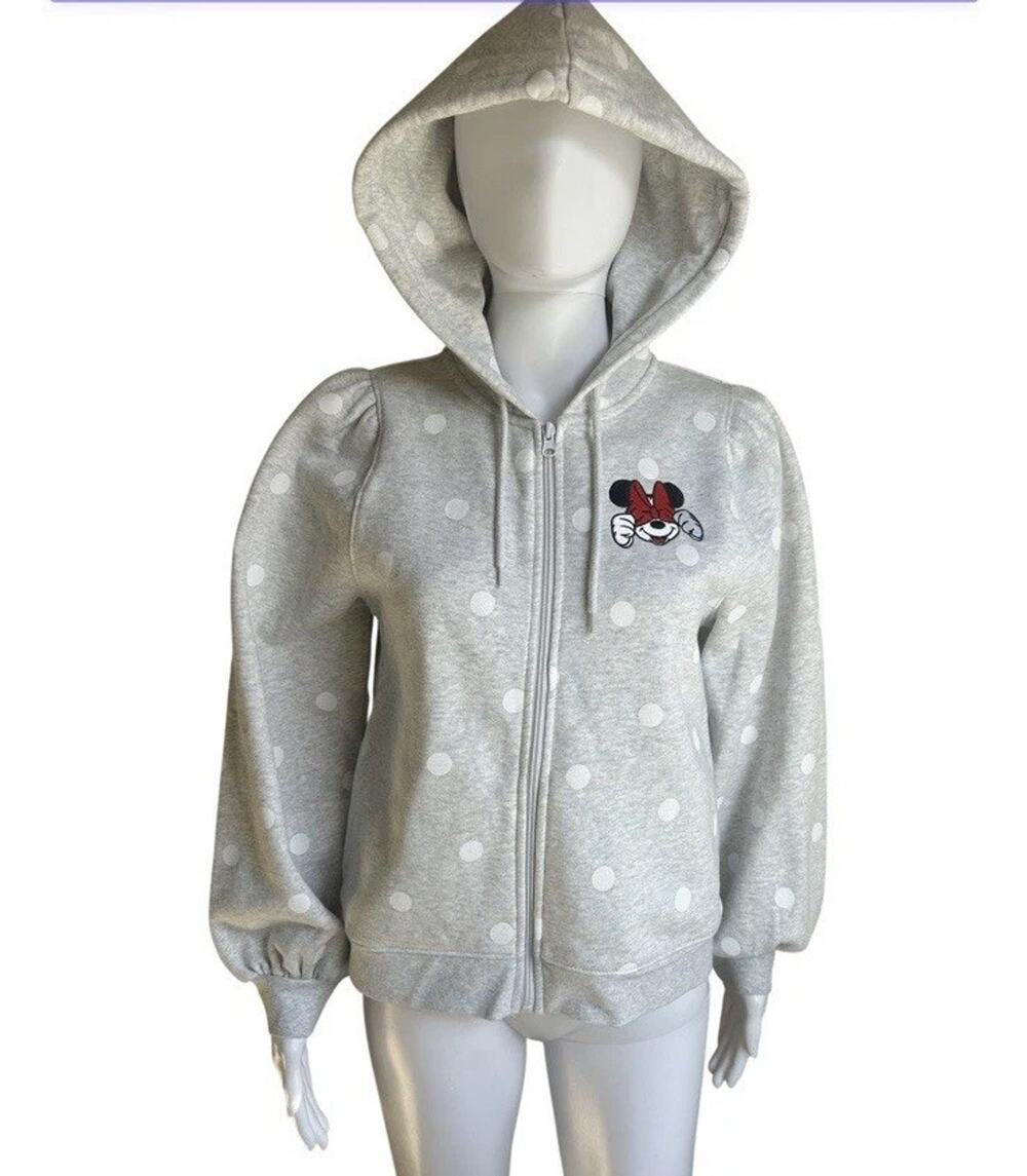 Disney Parks Minnie Mouse Hoodie Womens Small Gray Polka Dot Puff Sleeve NWT
